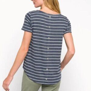 Pink Clover Grey White Striped Short Sleeve Tee with Back Button Detail Size S